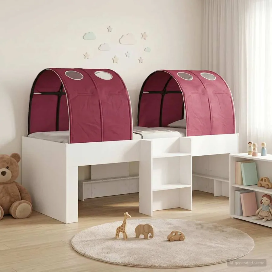 Lit avec Tunnel 3 pc Blanc et rouge Bois d'ingénierie