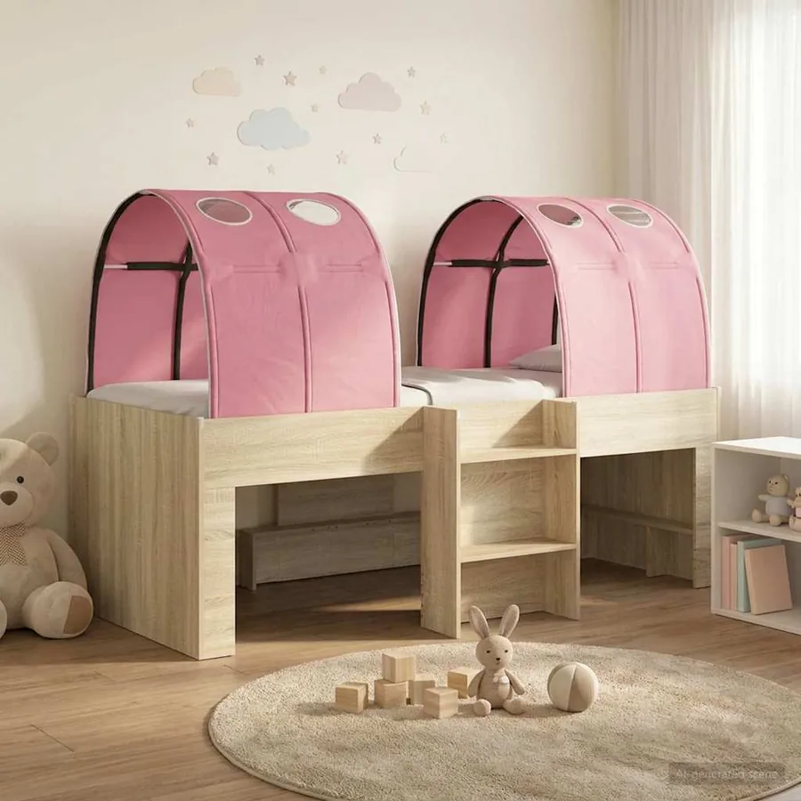 Lit Haut pour Enfants avec Tunnel Chêne Sonoma et rose