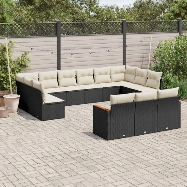 Salon de jardin avec coussins 13 pcs noir résine tressée
