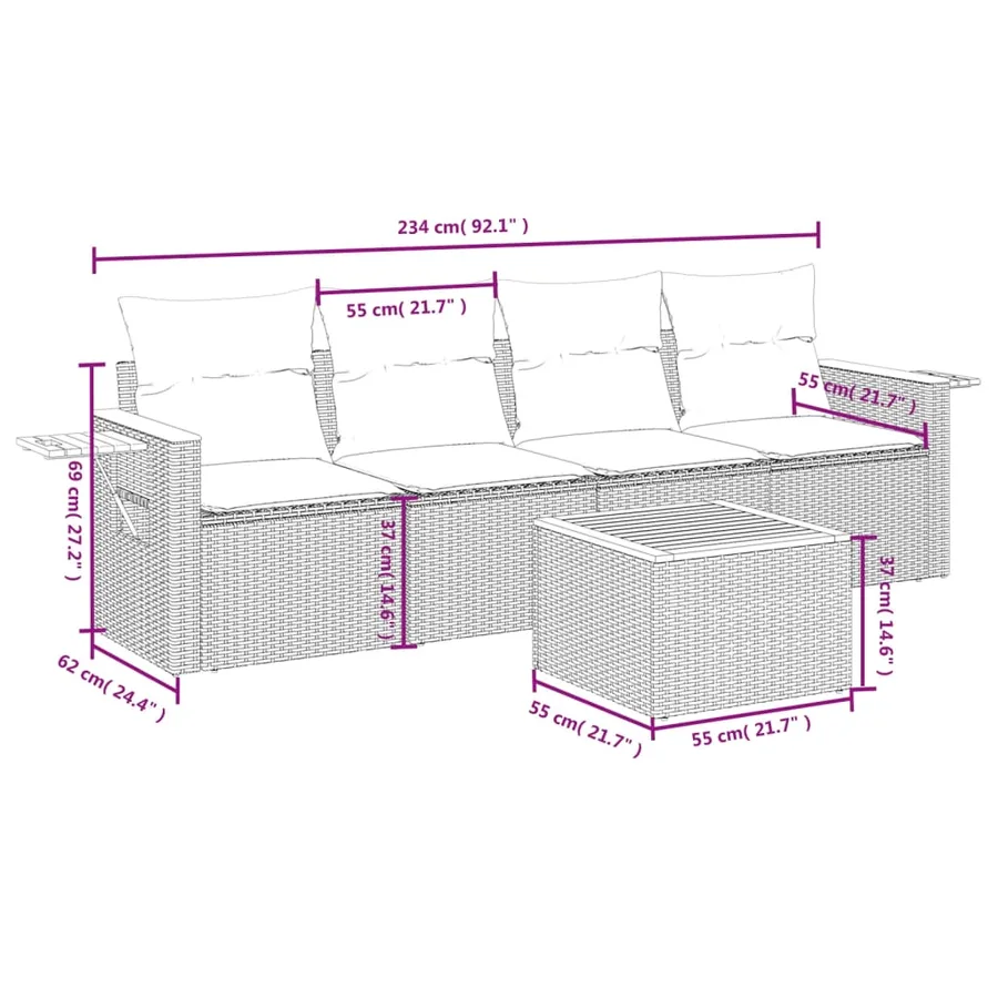 Salon de jardin 5 pcs avec coussins noir résine tressée - 8