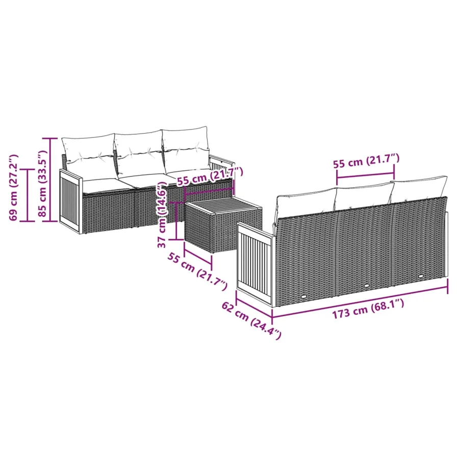 Salon de jardin 7 pcs avec coussins noir résine tressée 55 x 62 x 69 cm - 62,6 kg - 7