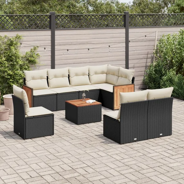 Salon de jardin 9 pcs avec coussins noir résine tressée