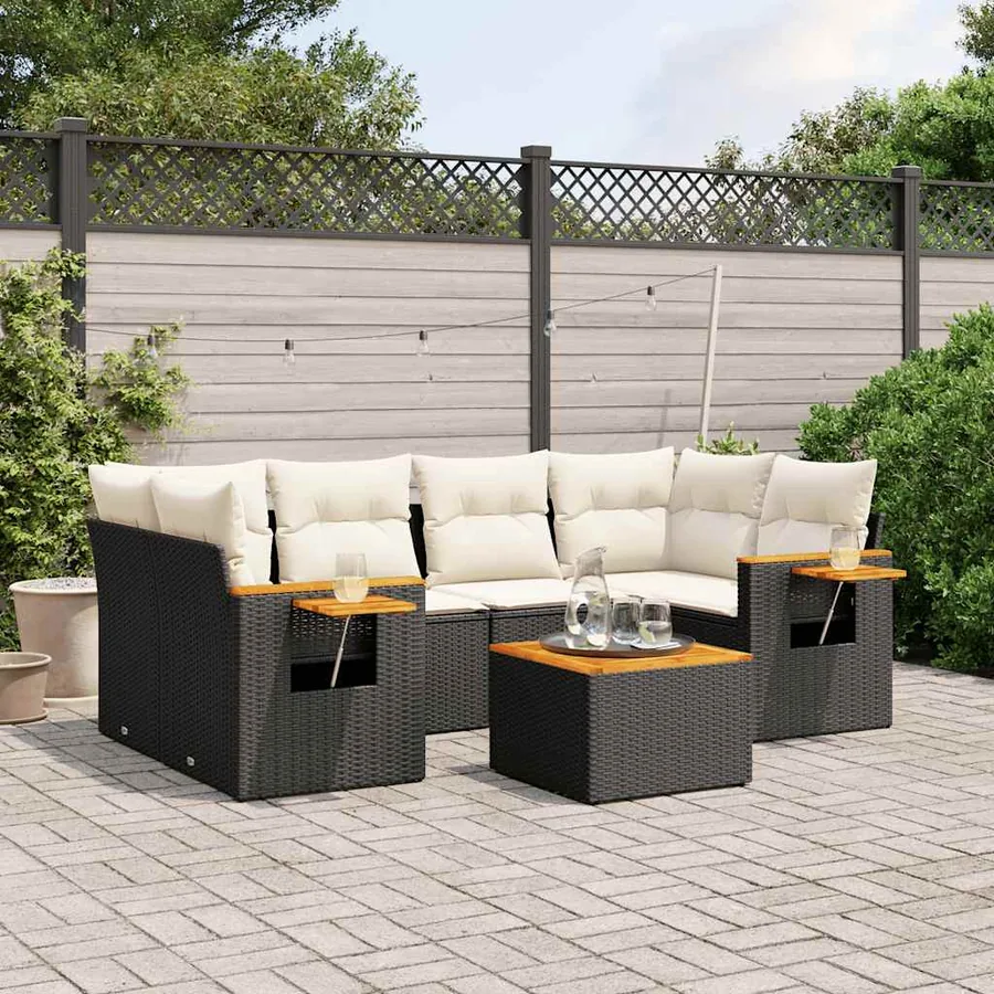 Salon de jardin 7 pcs avec coussins noir résine tressée 62 x 62 x 69 cm - 60,6 kg