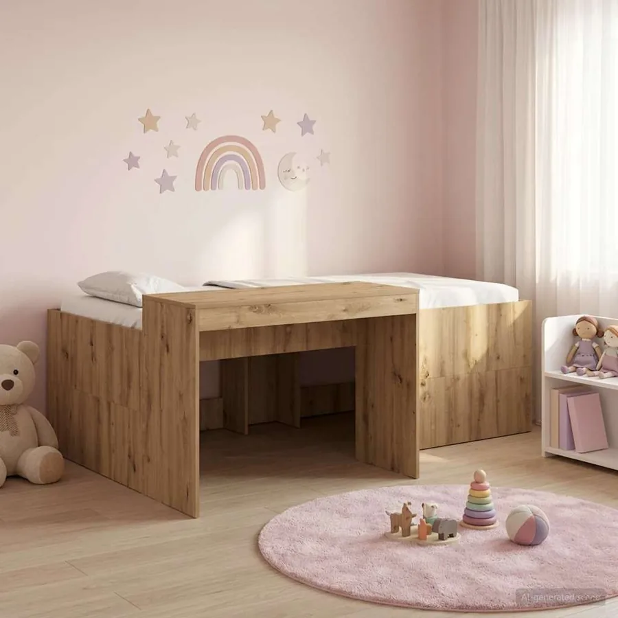 Lit haut pour enfants avec bureau Chêne artisanal