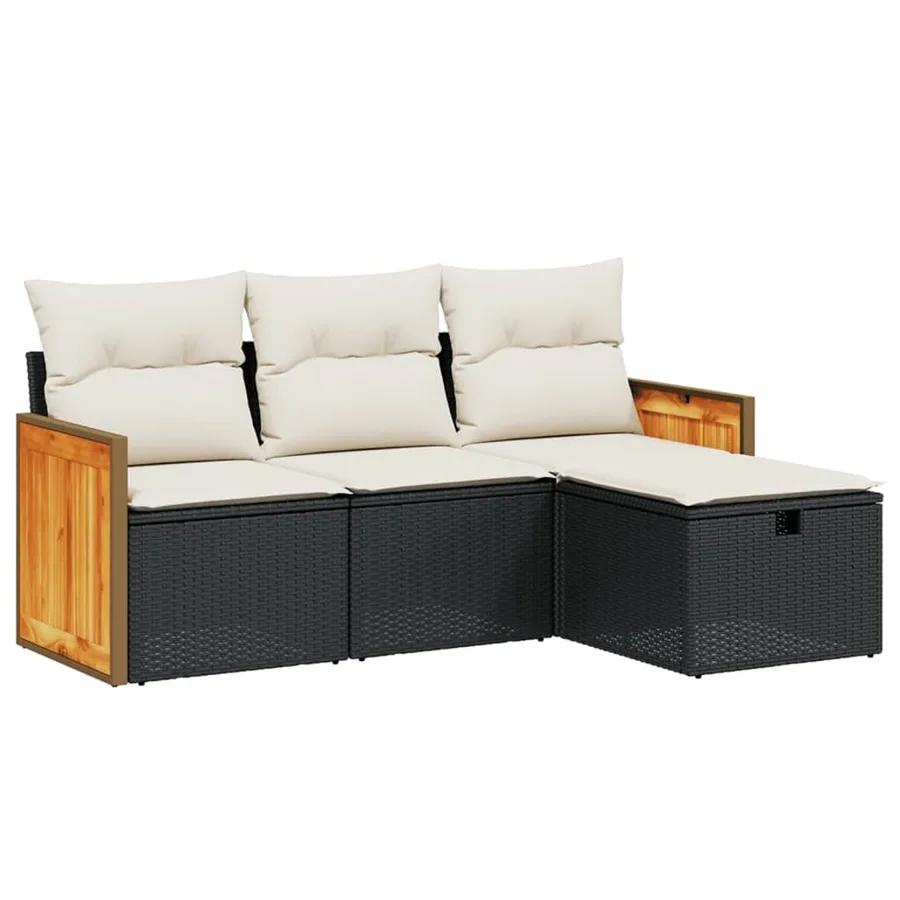 Salon de jardin 4 pcs avec coussins noir résine tressée - 2