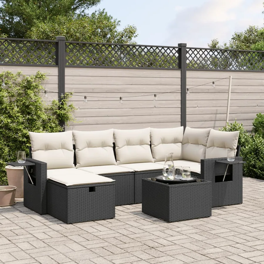 Salon de jardin 7 pcs avec coussins noir résine tressée 62 x 62 x 69 cm - 57,6 kg