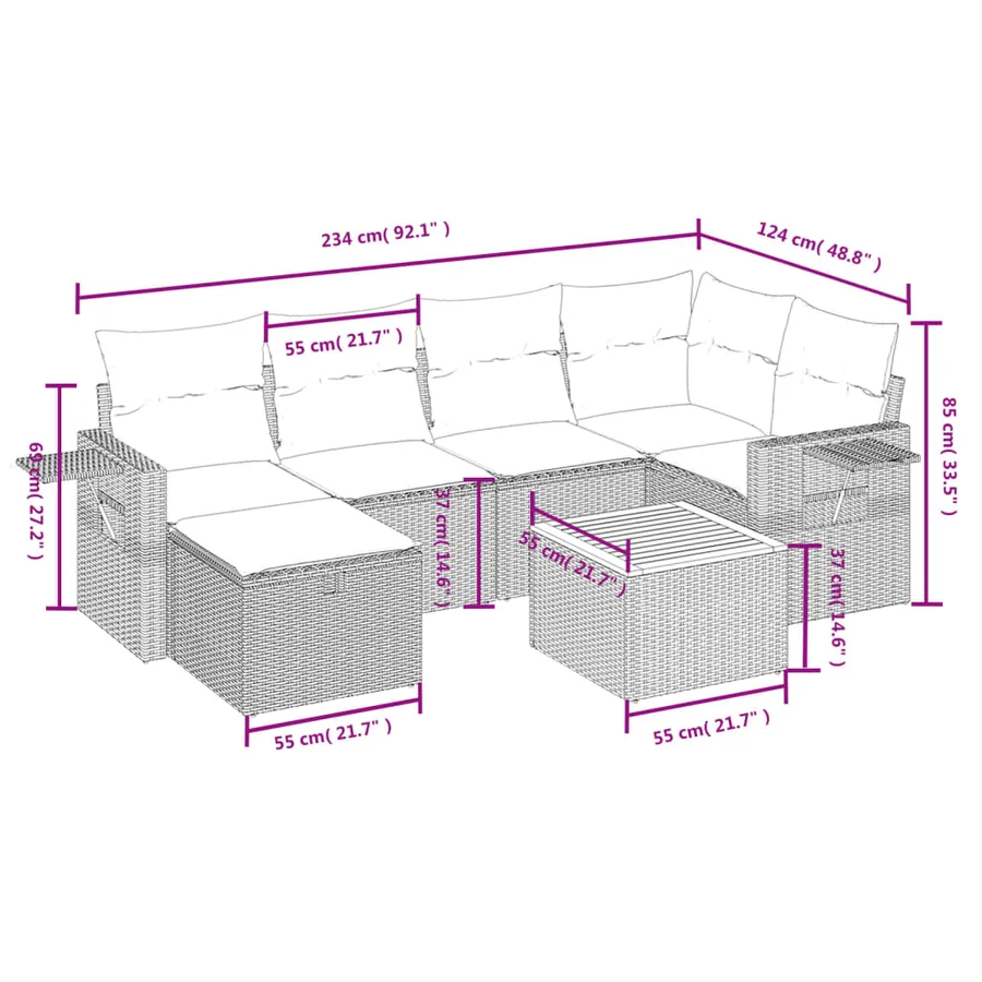 Salon de jardin 7 pcs avec coussins noir résine tressée 62 x 62 x 69 cm - 56,8 kg - 4