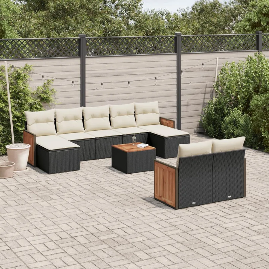 Salon de jardin 10 pcs avec coussins noir résine tressée