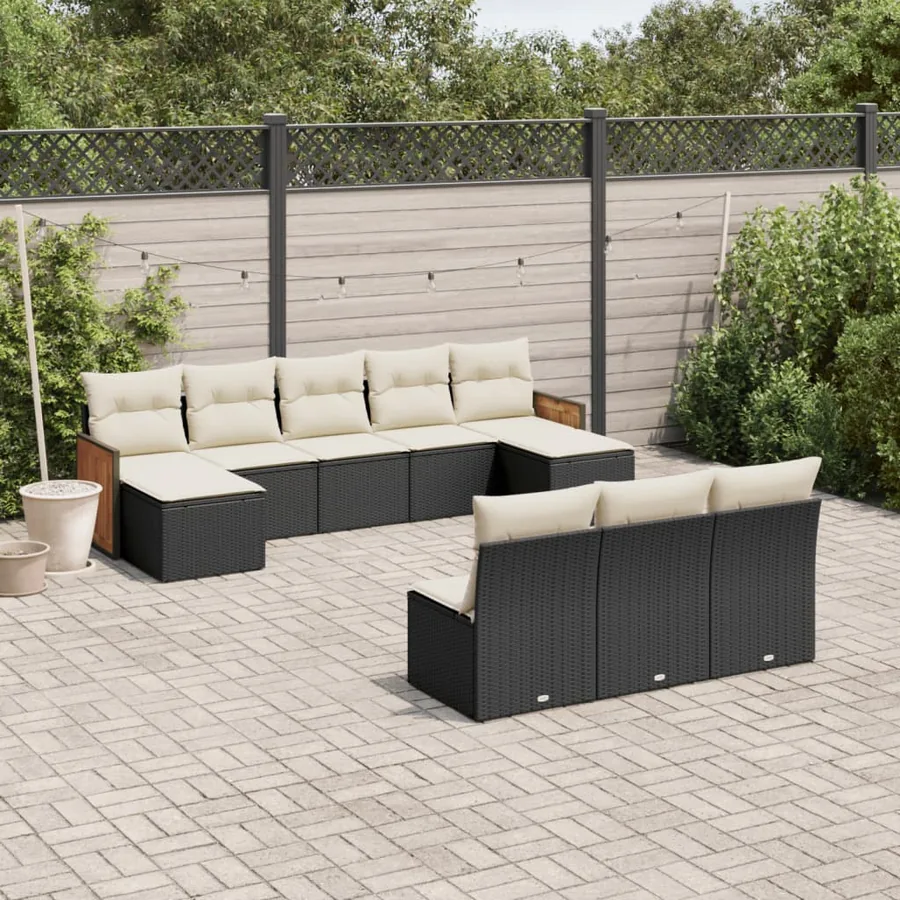 Salon de jardin 10 pcs avec coussins noir résine tressée
