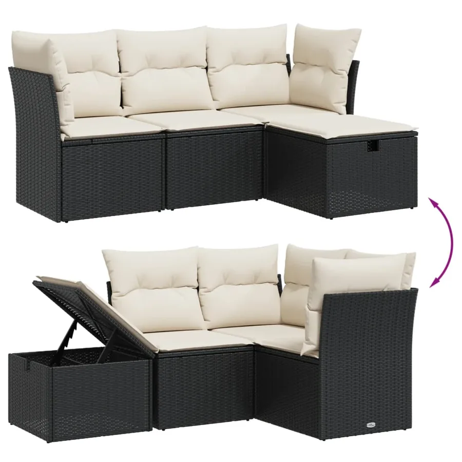 Salon de jardin 4 pcs avec coussins noir résine tressée - 3