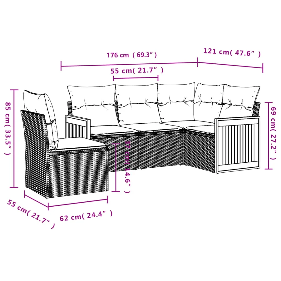 Salon de jardin 5 pcs avec coussins noir résine tressée - 7
