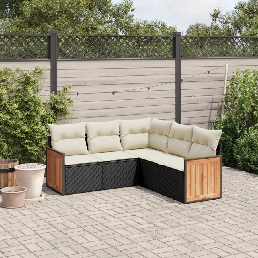 Salon de jardin 5 pcs avec coussins noir résine tressée