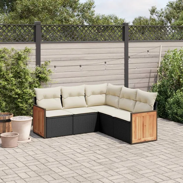 Salon de jardin 5 pcs avec coussins noir résine tressée
