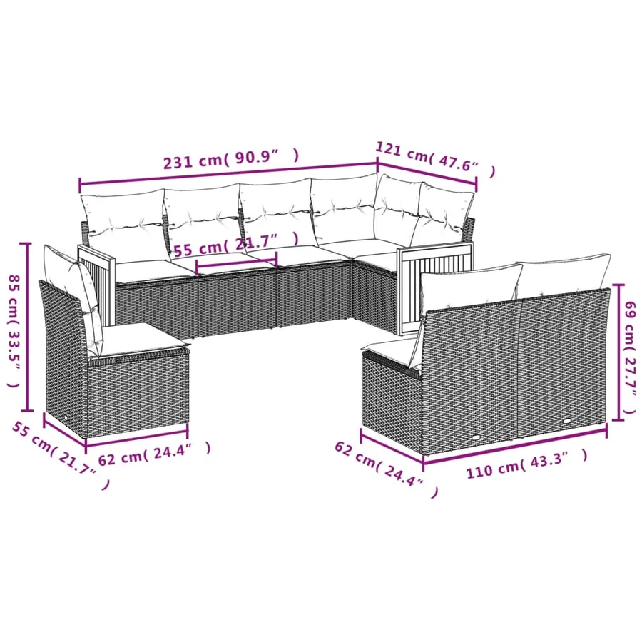 Salon de jardin 8 pcs avec coussins noir résine tressée - 7