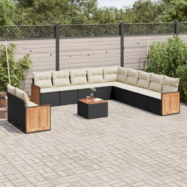 Salon de jardin 12 pcs avec coussins noir résine tressée