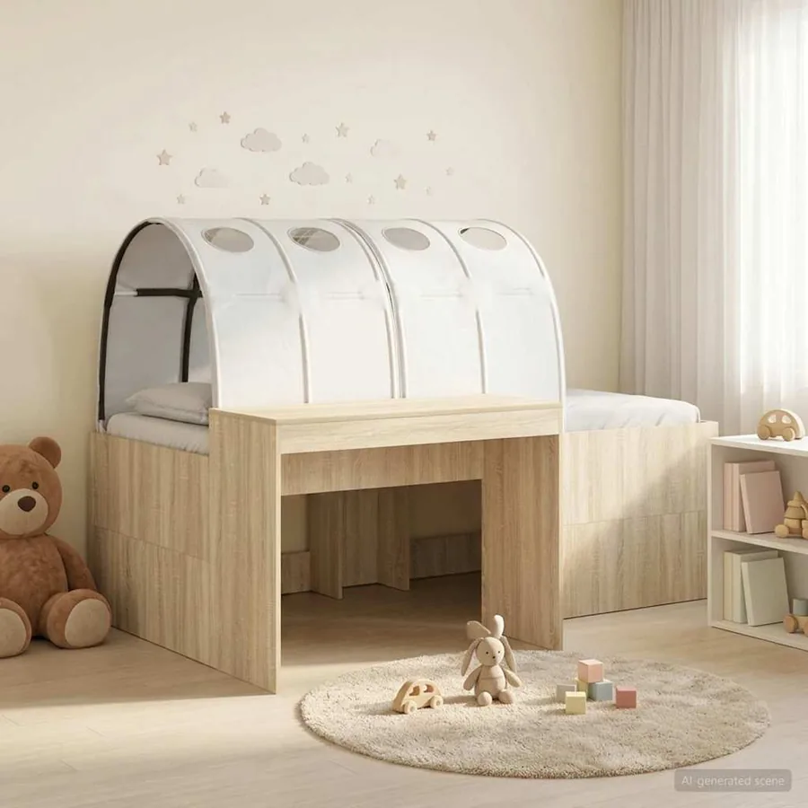 Lit avec Tunnel 3 pc Chêne Artisanal et Blanc Bois d'ingénierie