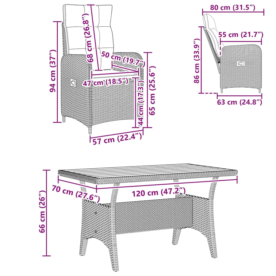 Ensemble de repas extérieur 3 pcs Noir polyrotin - 12