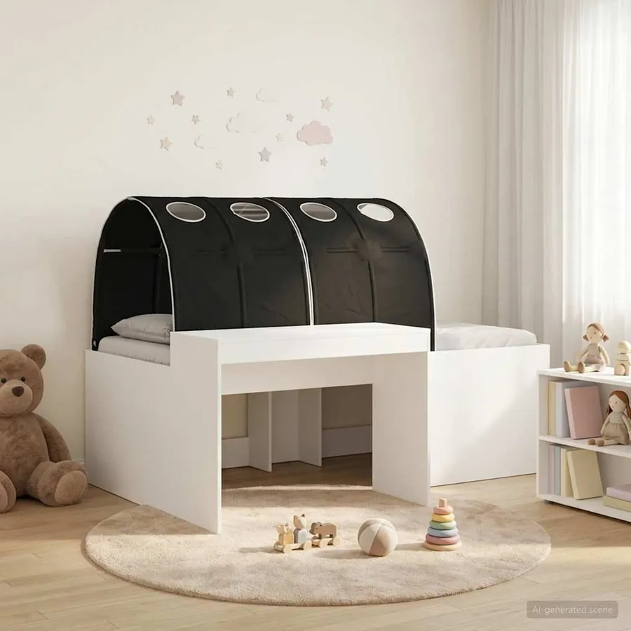 Cadre de lit avec tunnel 3 pc Blanc et noir Bois d'ingénierie