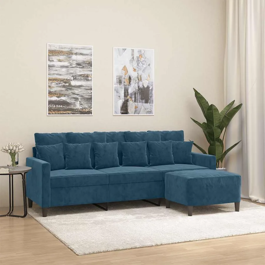 Canapé à 3 places avec repose-pieds Bleu 180 cm Velours