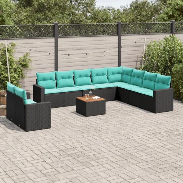 Salon de jardin 11 pcs avec coussins noir résine tressée