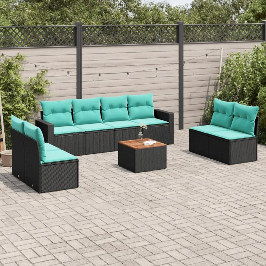 Salon de jardin 9 pcs avec coussins noir résine tressée