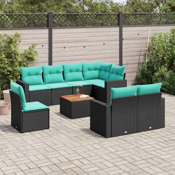 Salon de jardin 9 pcs avec coussins noir résine tressée