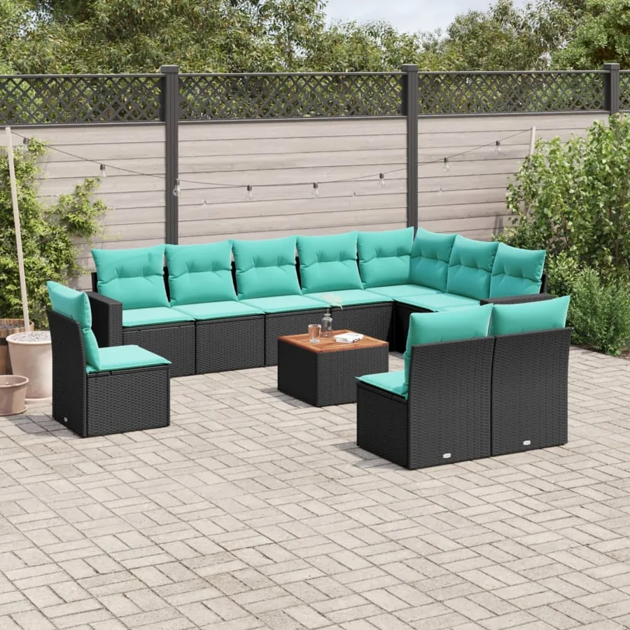 Salon de jardin 11 pcs avec coussins noir résine tressée