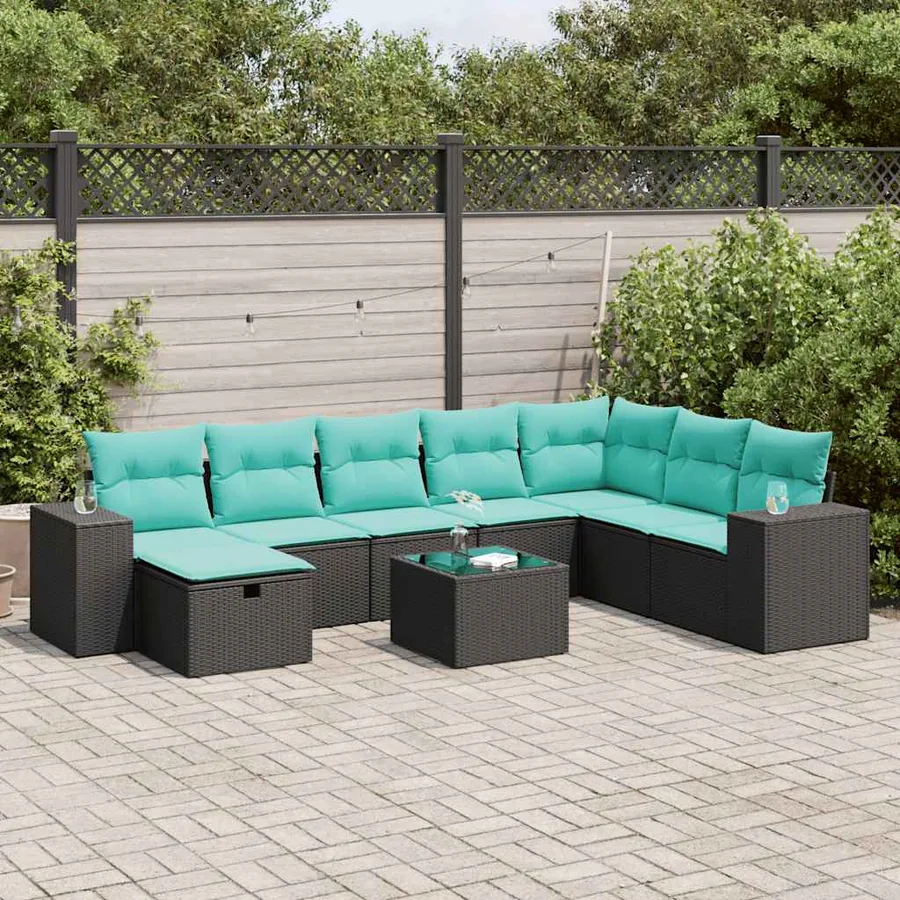 Salon de jardin 9 pcs avec coussins noir résine tressée