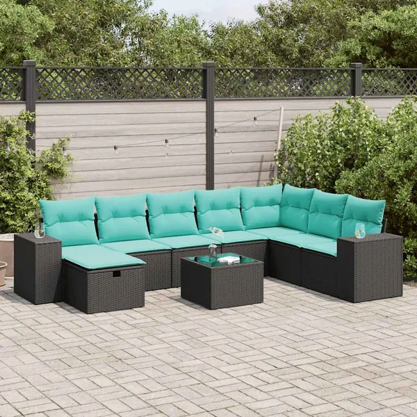 Salon de jardin 9 pcs avec coussins noir résine tressée