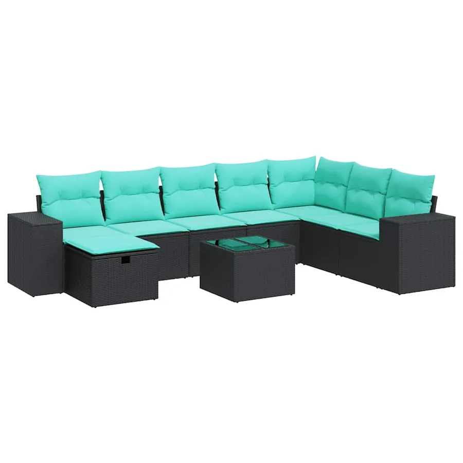 Salon de jardin 9 pcs avec coussins noir résine tressée - 2