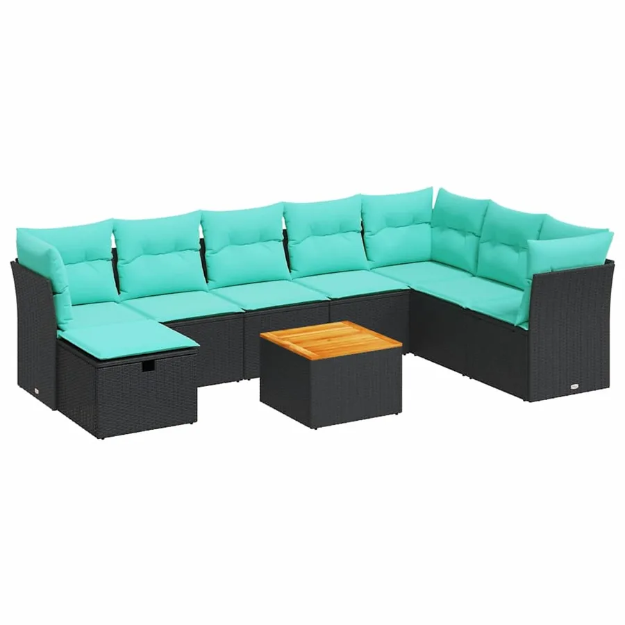 Salon de jardin 9 pcs avec coussins noir résine tressée - 2
