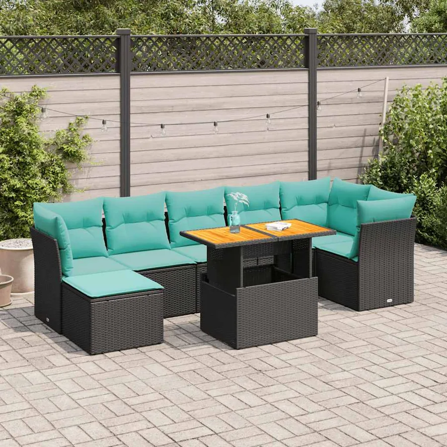Salon de jardin 8 pcs avec coussins noir résine tressée