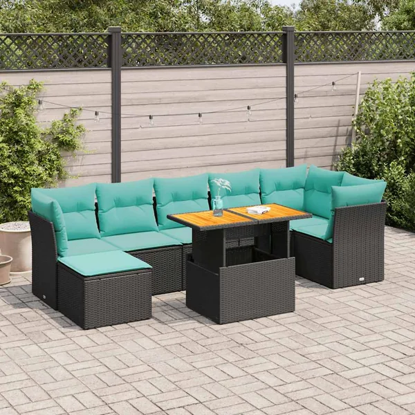 Salon de jardin 8 pcs avec coussins noir résine tressée