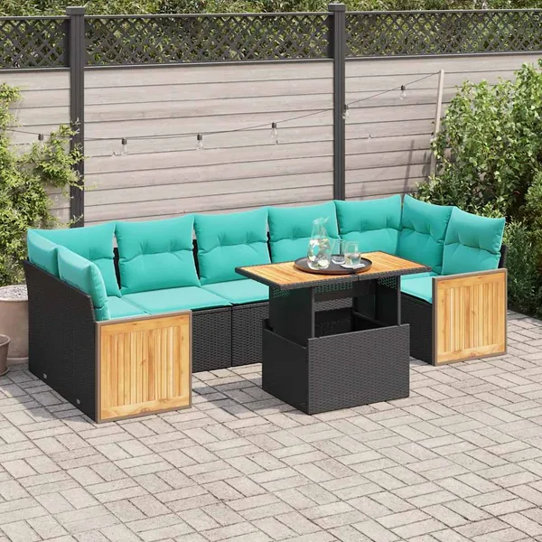 Salon de jardin 10 pcs avec coussins noir résine tressée acacia
