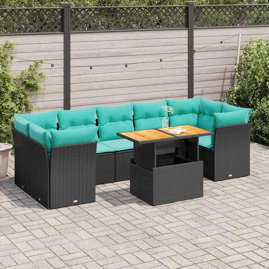 Salon de jardin 8 pcs avec coussins noir résine tressée
