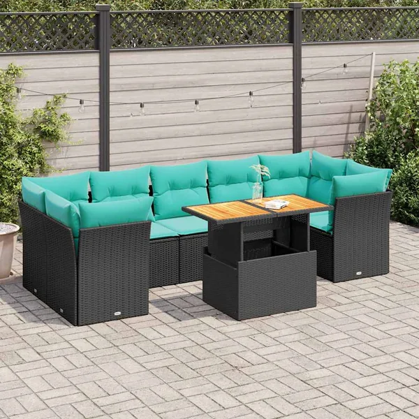 Salon de jardin 8 pcs avec coussins noir résine tressée