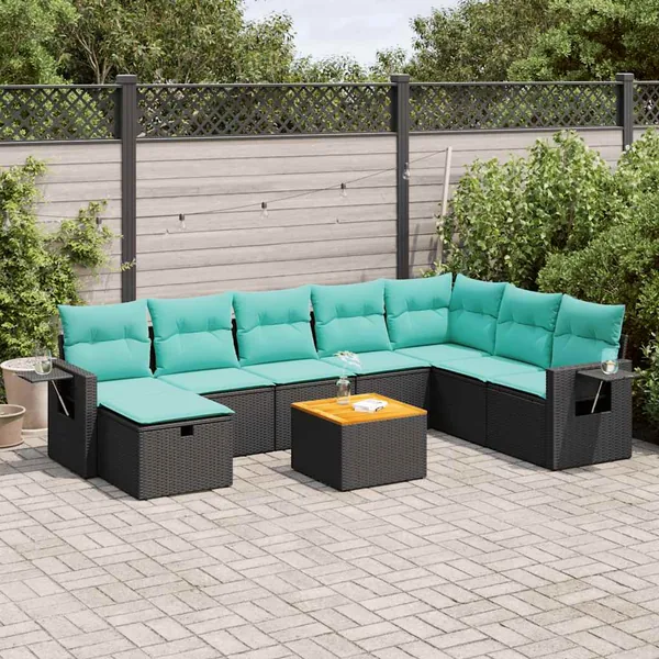 Salon de jardin 9 pcs avec coussins noir résine tressée
