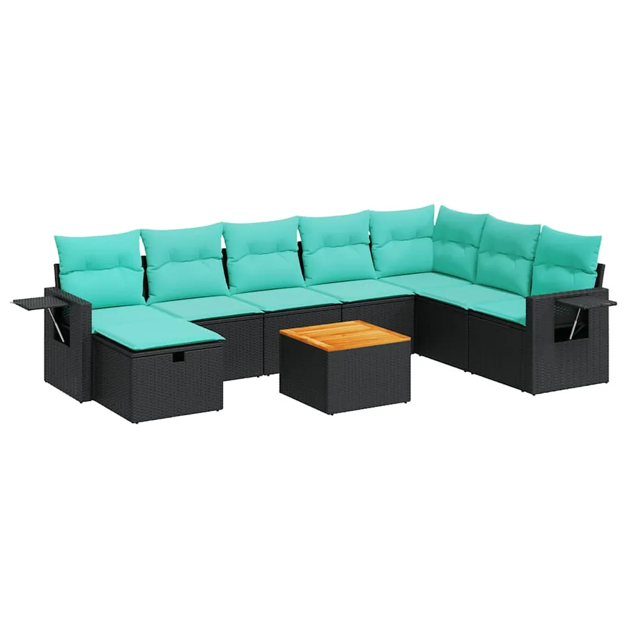 Salon de jardin 9 pcs avec coussins noir résine tressée - 2