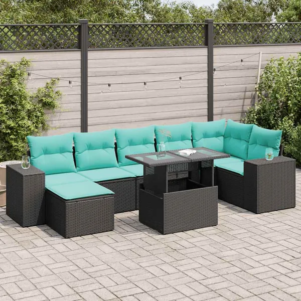Salon de jardin avec coussins 8 pcs noir résine tressée acacia