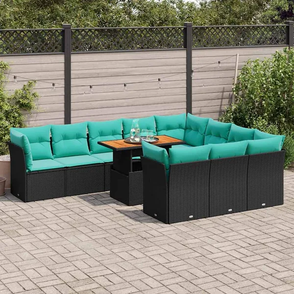 Salon de jardin 11 pcs avec coussins noir résine tressée
