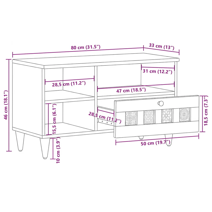 Meuble TV Naturel 80 x 33 x 46 cm Bois de mangue massif - 12