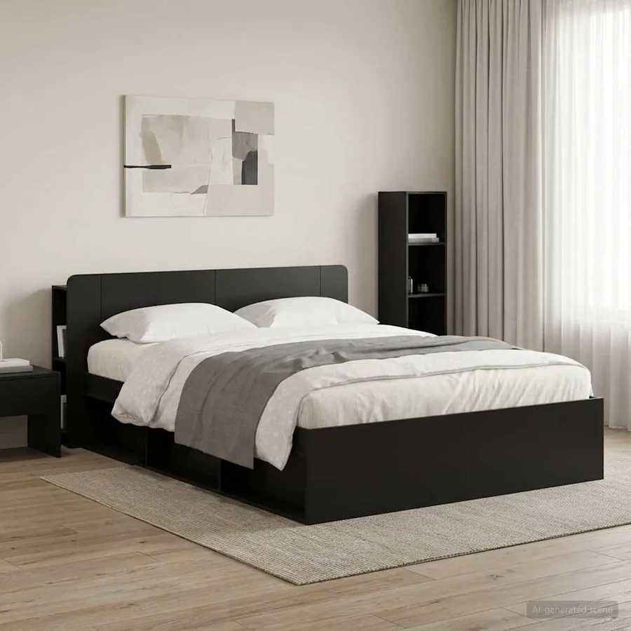 Cabinet de Tête de Lit avec stockage Noir Bois d'ingénierie - 4