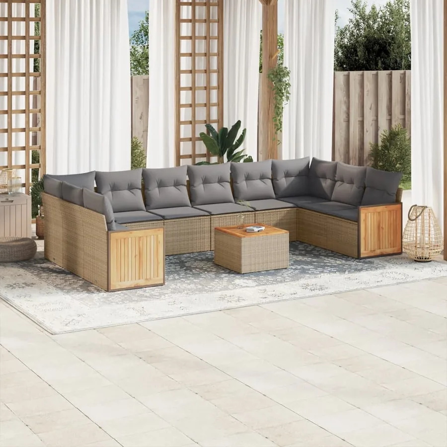 Salon de jardin 11 pcs avec coussins beige résine tressée