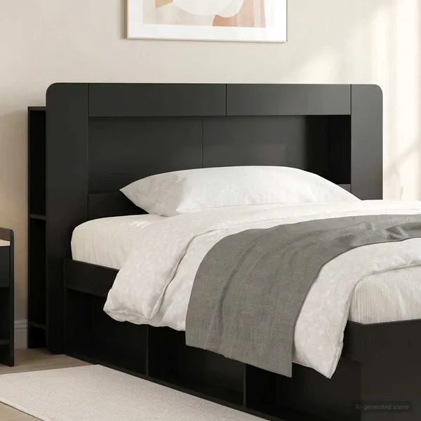 Cabinet de Tête de Lit avec stockage Noir Bois d’ingénierie
