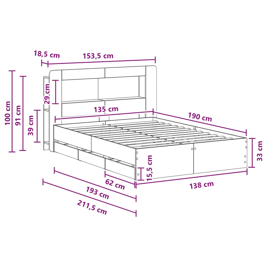 Cadre de lit avec rangement Sonoma gris 135 x 190 cm - 8