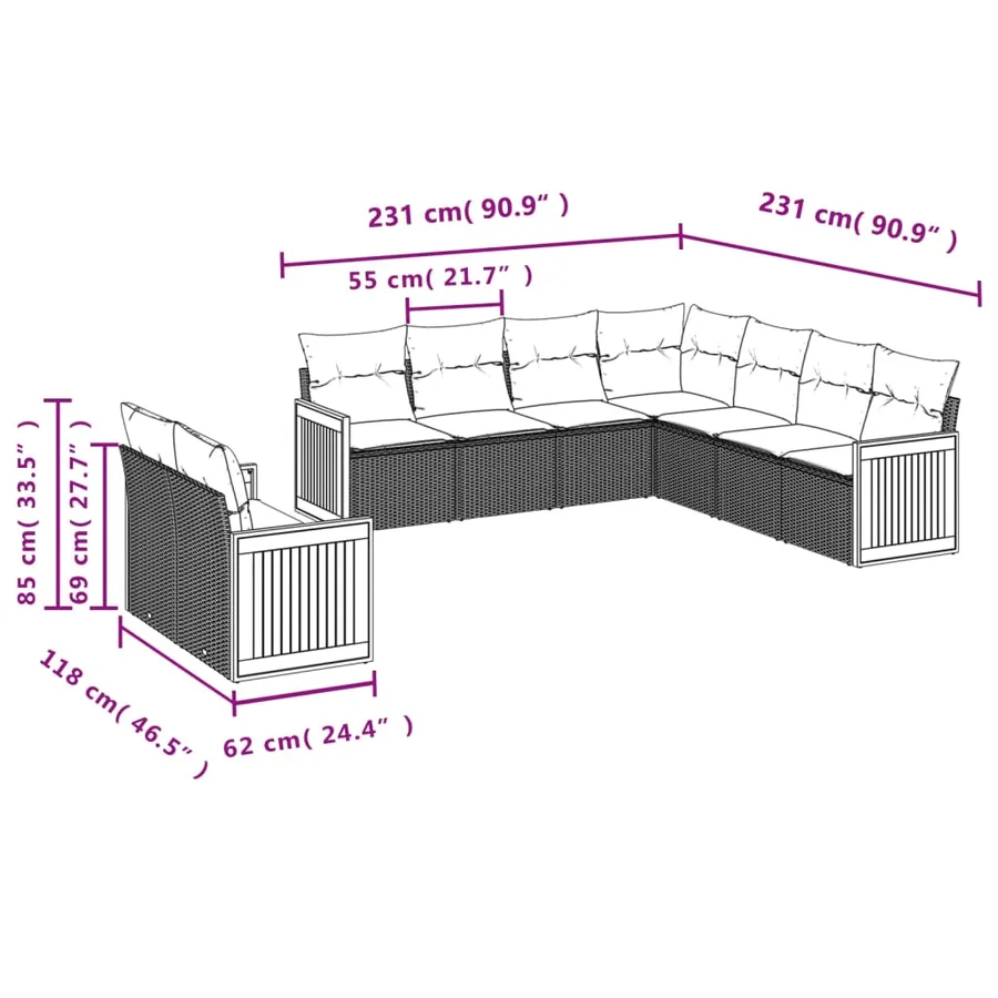 Salon de jardin avec coussins 9 pcs beige résine tressée - 7