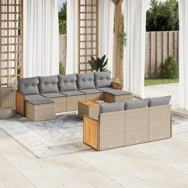 Salon de jardin 11 pcs avec coussins beige résine tressée