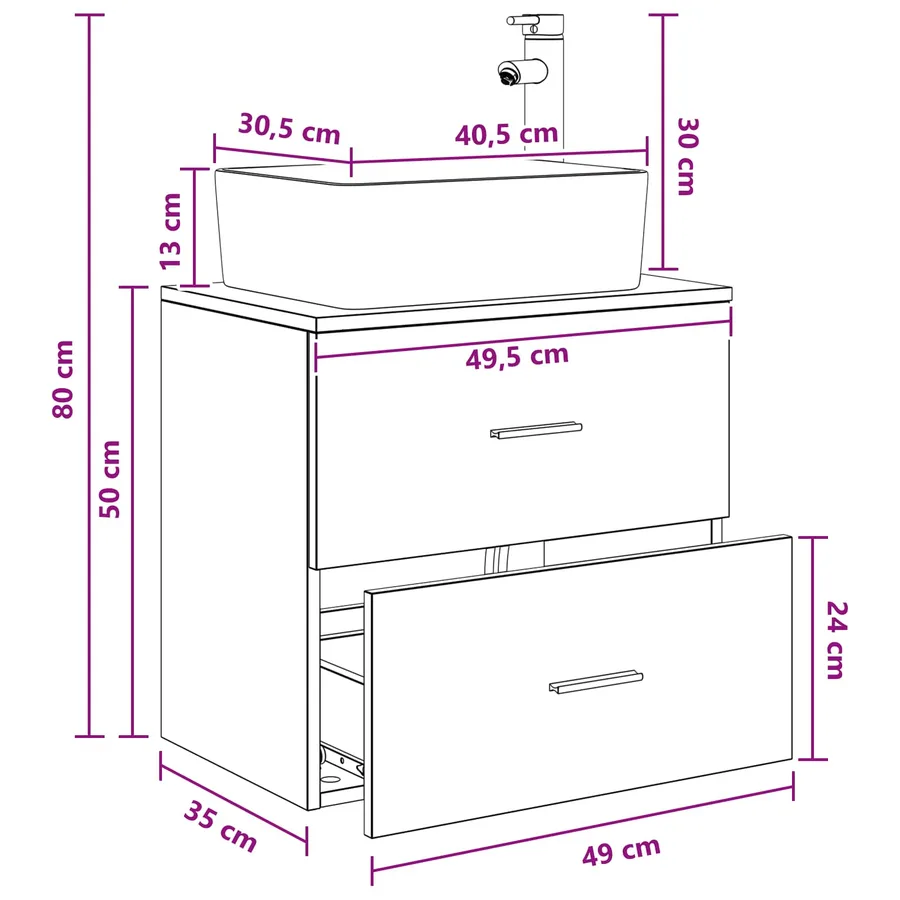 Vanité de lavabo mural Chêne noir 53 x 34,5 x 63 cm - 9