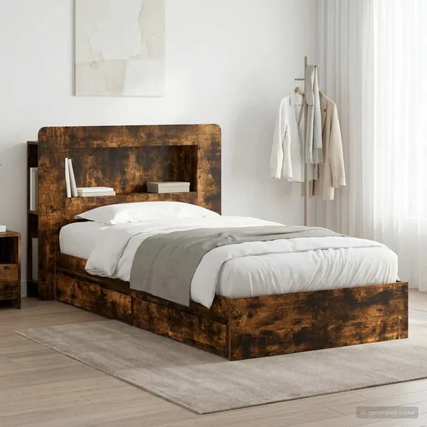 Cadre de lit avec rangement avec tiroir Chêne fumé 90 x 190 cm