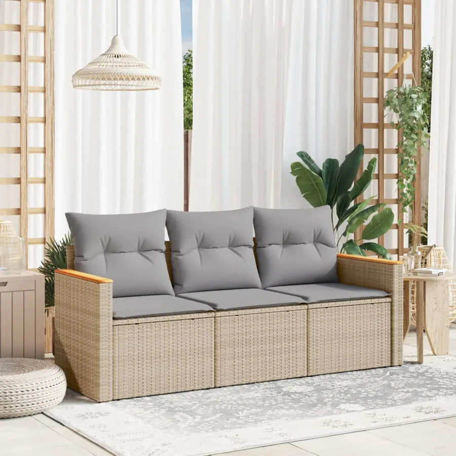 Salon de jardin avec coussins 3 pcs beige résine tressée